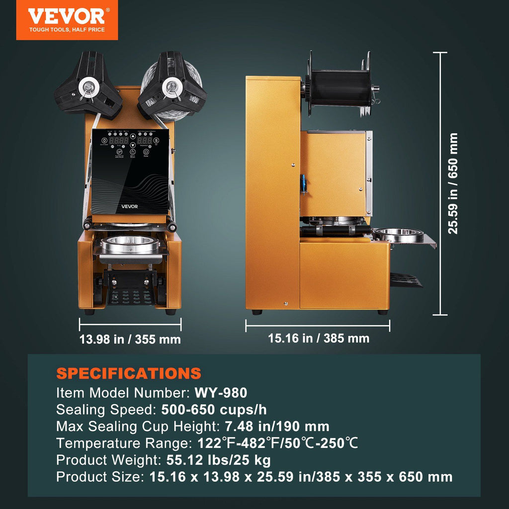 Fully Automatic Cup Sealing Machine, 500-650 Cups/H, Cup Sealer Machine for 190 mm Tall & 90/95 mm Cup, Electric Boba Tea Sealer with Digital Control LCD Panel for Bubble Milk Tea Coffee, Gold