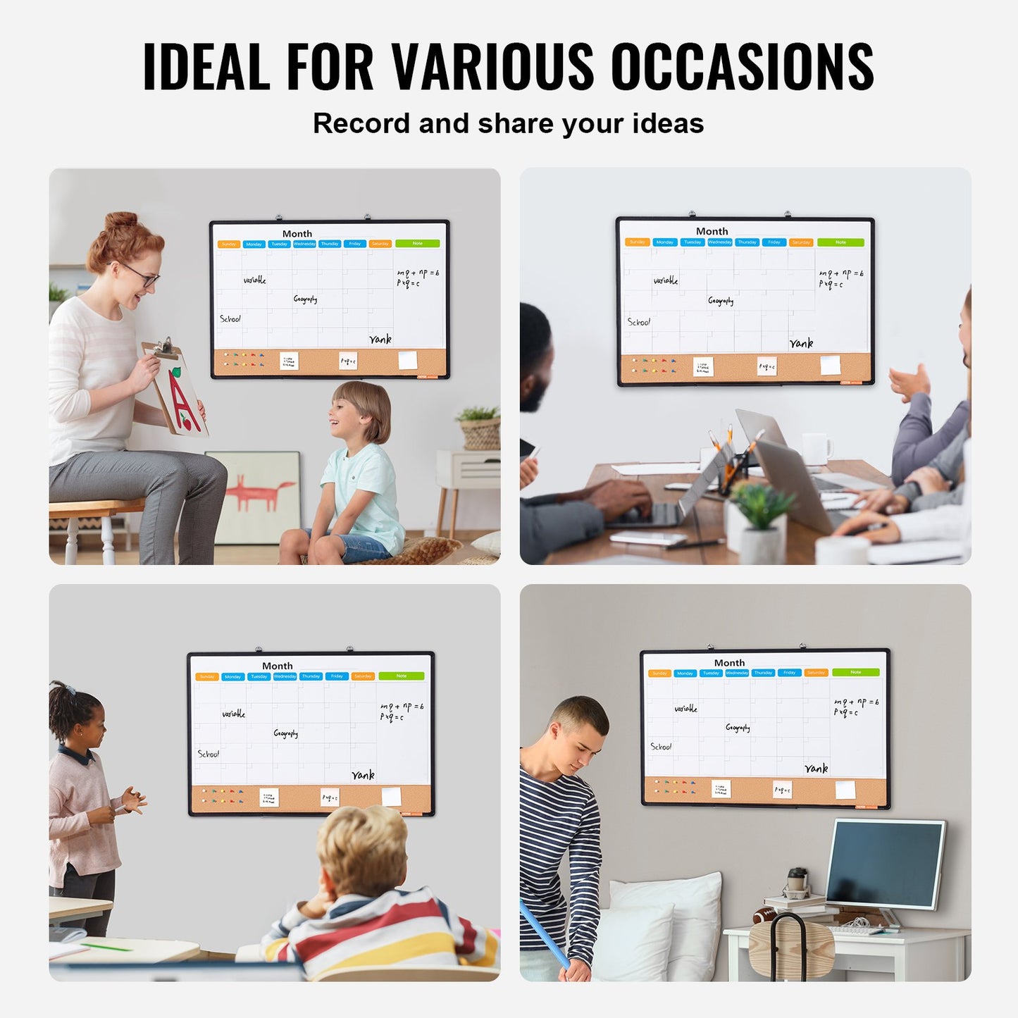VEVOR 36"x 24" Monthly Calendar Whiteboard & Cork Board Combo with Aluminum Frame – 2-in-1 Magnetic Dry Erase Bulletin Board for Wall Mount – Ideal for School, Home, Office