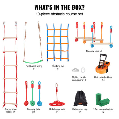 VEVOR Ninja Warrior Obstacle Course for Kids, 15.24 m Weatherproof Slacklines, 500lbs Weight Capacity Monkey Line, Outdoor Playset Equipment, Backyard Toys Training Equipment Set with 10 Obstacles