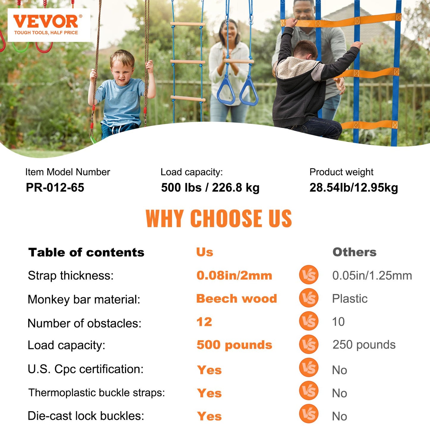 VEVOR Ninja Warrior Obstacle Course for Kids, 2 x 19.8m Weatherproof Slacklines, 500lbs Weight Capacity Monkey Line, Outdoor Playset Equipment, Backyard Toys Training Equipment Set with 12 Obstacles