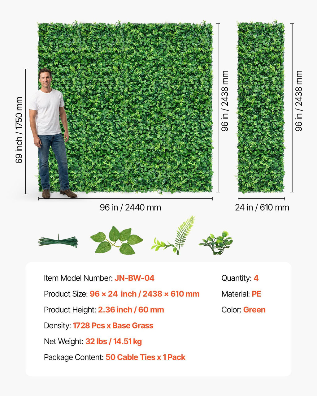Artificial Plant Wall, 4 PCS 61 x 243.8 cm Artificial Boxwood Panels, Sun Protection Greenery Backdrop Privacy Hedge Fence, Fake Grass Screen for Wedding, Indoor, Outdoor Garden, Backyard