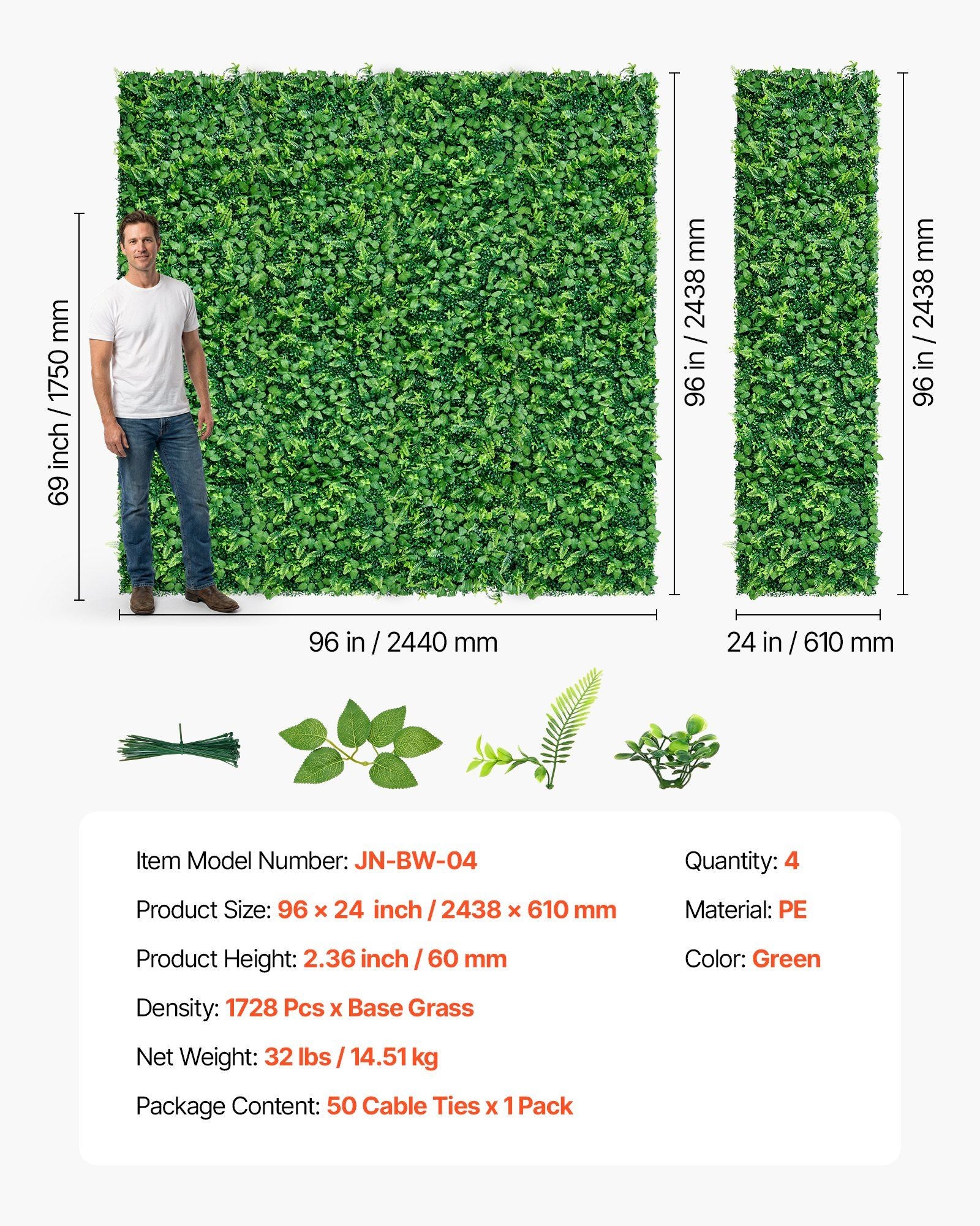 Artificial Plant Wall, 4 PCS 61 x 243.8 cm Artificial Boxwood Panels, Sun Protection Greenery Backdrop Privacy Hedge Fence, Fake Grass Screen for Wedding, Indoor, Outdoor Garden, Backyard