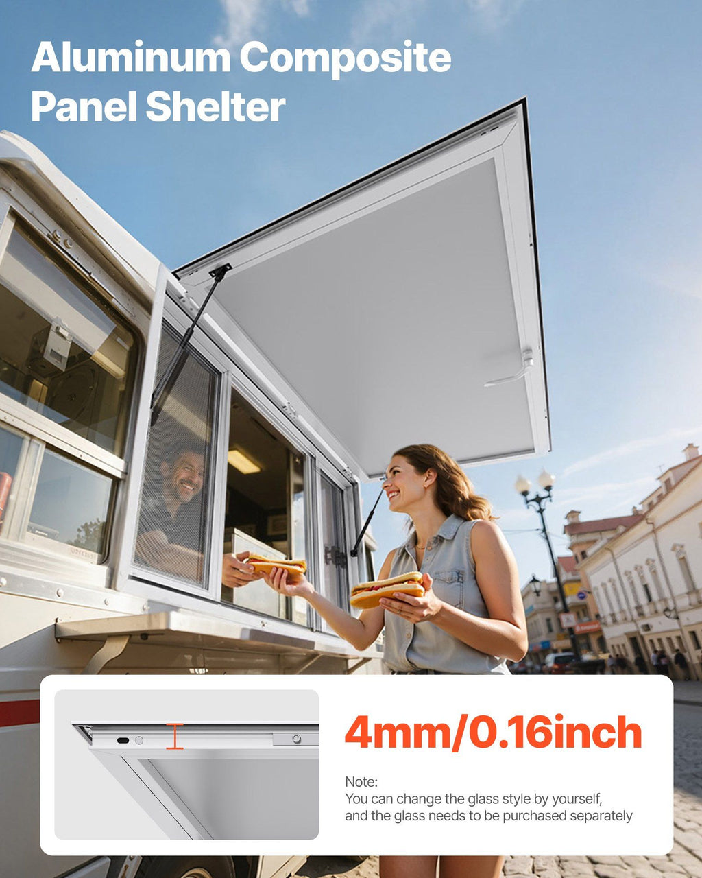Concession Window 1524x915 mm, Aluminum Alloy Service Window for Food Truck, Up to 85 Degrees Stand Serving Window with 4 Sliding Windows, Awning Door, and Drag Hook, for Concession Trailers