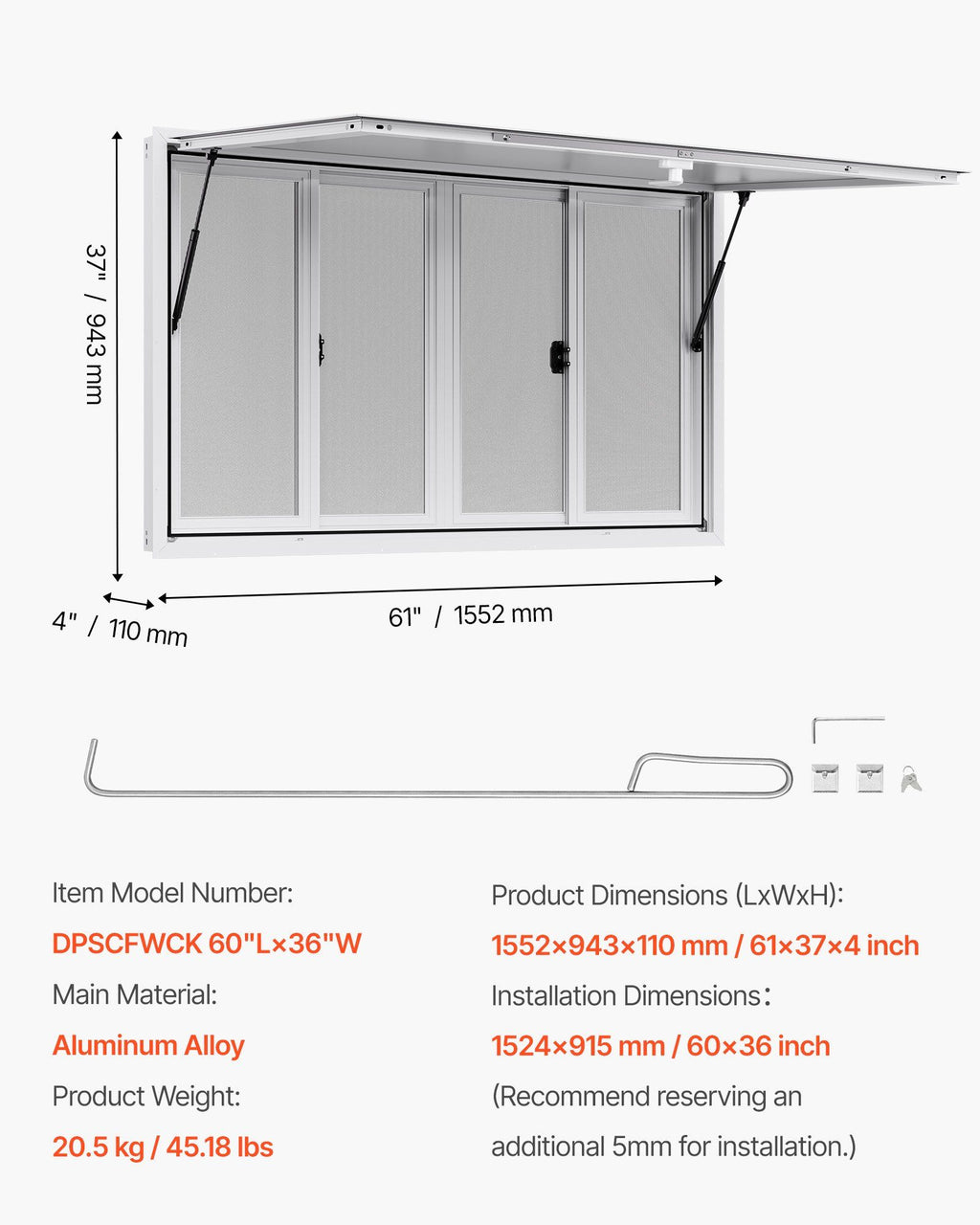 Concession Window 1524x915 mm, Aluminum Alloy Service Window for Food Truck, Up to 85 Degrees Stand Serving Window with 4 Sliding Windows, Awning Door, and Drag Hook, for Concession Trailers