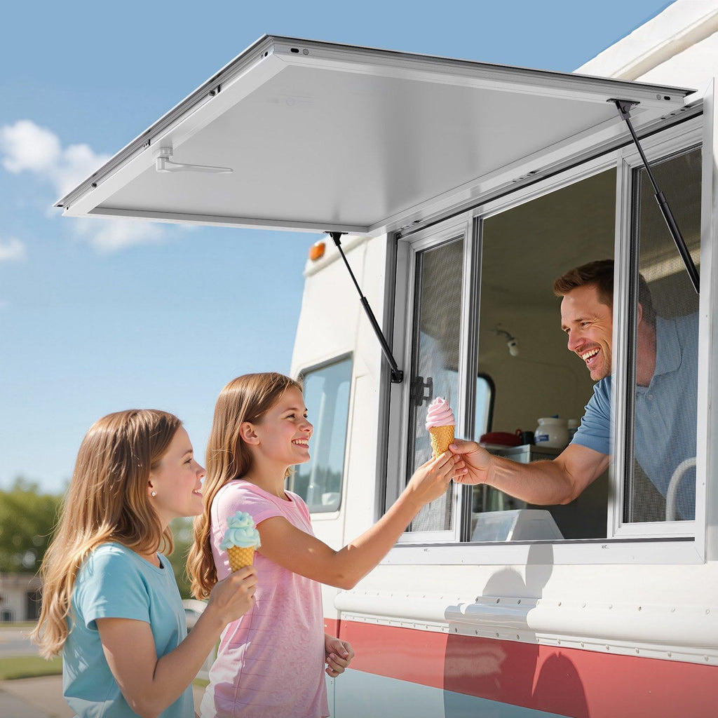 Concession Window 1524x915 mm, Aluminum Alloy Service Window for Food Truck, Up to 85 Degrees Stand Serving Window with 4 Sliding Windows, Awning Door, and Drag Hook, for Concession Trailers