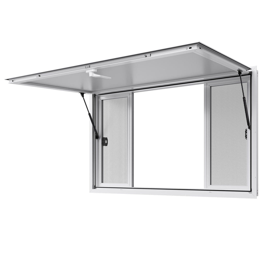 Concession Window 1524x915 mm, Aluminum Alloy Service Window for Food Truck, Up to 85 Degrees Stand Serving Window with 4 Sliding Windows, Awning Door, and Drag Hook, for Concession Trailers