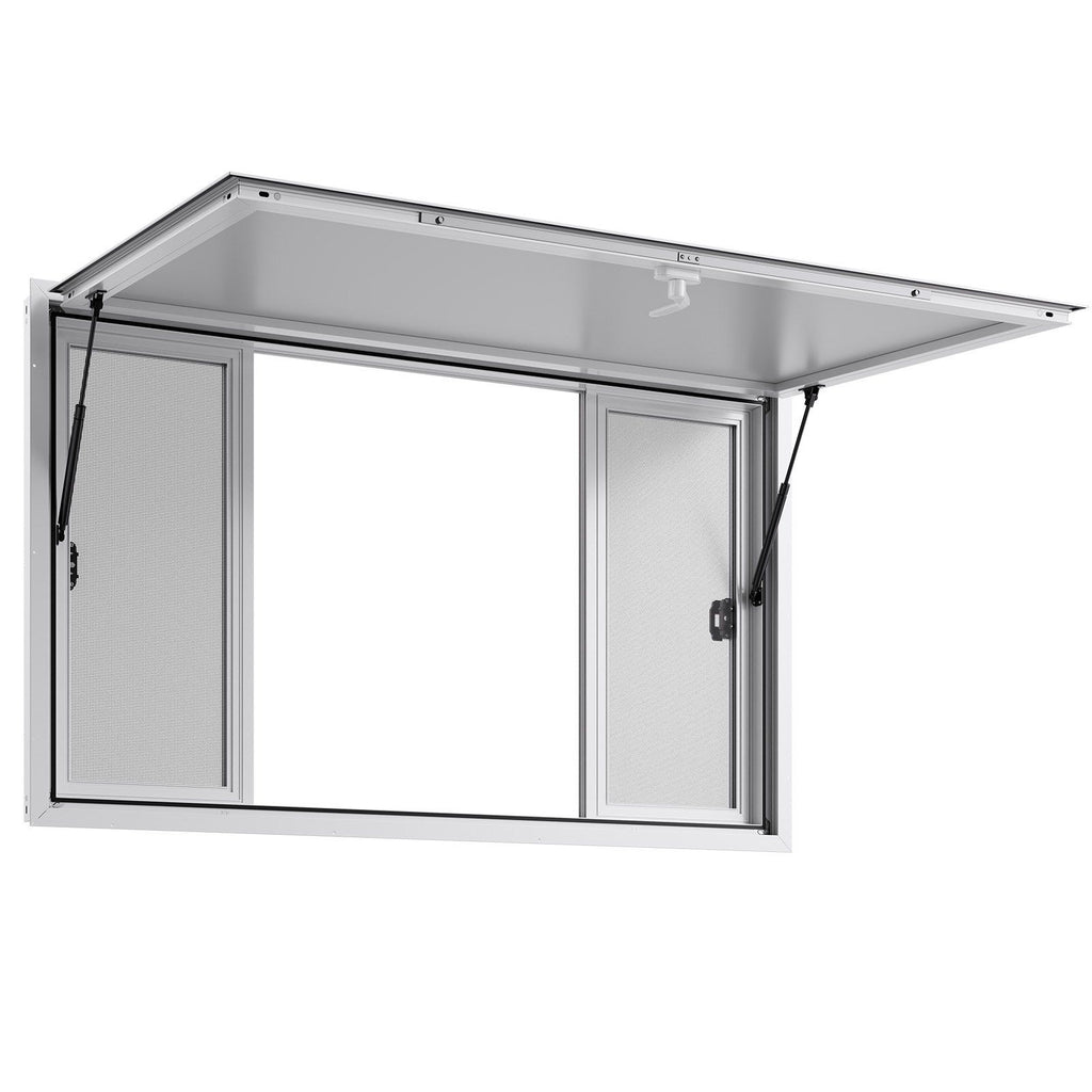 Concession Window 1524x915 mm, Aluminum Alloy Service Window for Food Truck, Up to 85 Degrees Stand Serving Window with 4 Sliding Windows, Awning Door, and Drag Hook, for Concession Trailers