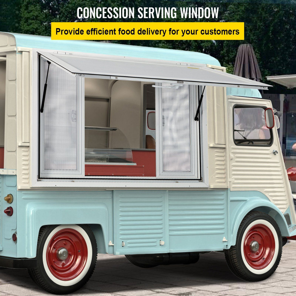 Concession Window, 48 x 36 inch, Aluminum Alloy Food Truck Service Window with 4 Horizontal Sliding Screen Windows & Awning Door & Drag Hook, Serving Window for Food Trucks Concession Trailers