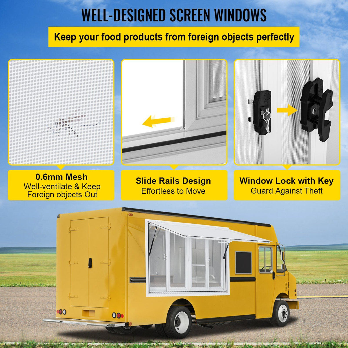 Concession Window, 48 x 36 inch, Aluminum Alloy Food Truck Service Window with 4 Horizontal Sliding Screen Windows & Awning Door & Drag Hook, Serving Window for Food Trucks Concession Trailers
