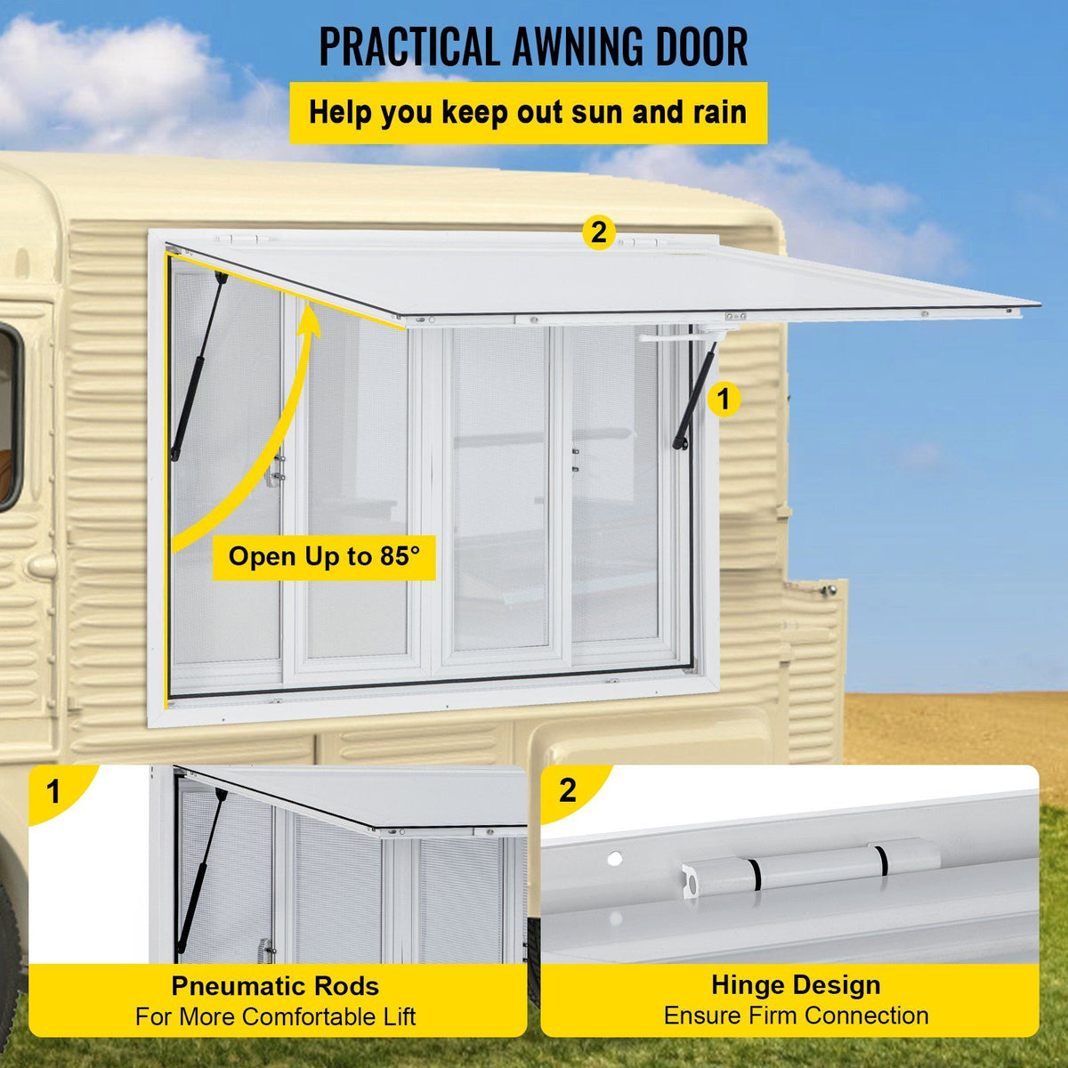 Concession Window, 48 x 36 inch, Aluminum Alloy Food Truck Service Window with 4 Horizontal Sliding Screen Windows & Awning Door & Drag Hook, Serving Window for Food Trucks Concession Trailers