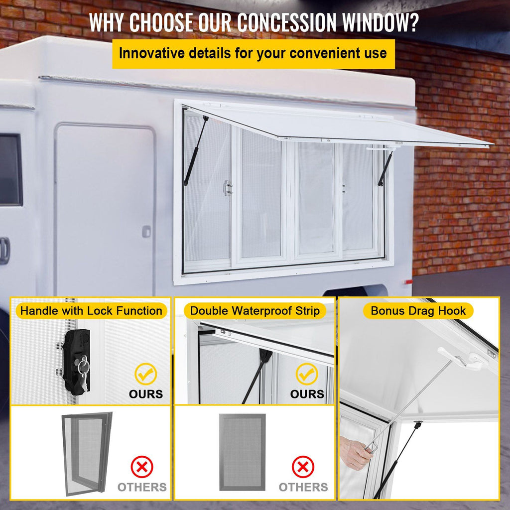 Concession Window, 48 x 36 inch, Aluminum Alloy Food Truck Service Window with 4 Horizontal Sliding Screen Windows & Awning Door & Drag Hook, Serving Window for Food Trucks Concession Trailers