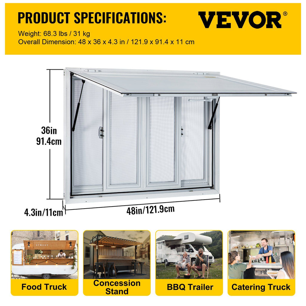 Concession Window, 48 x 36 inch, Aluminum Alloy Food Truck Service Window with 4 Horizontal Sliding Screen Windows & Awning Door & Drag Hook, Serving Window for Food Trucks Concession Trailers