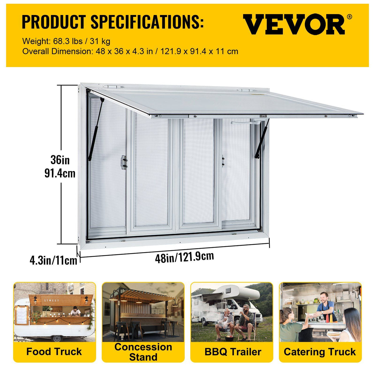 Concession Window, 48 x 36 inch, Aluminum Alloy Food Truck Service Window with 4 Horizontal Sliding Screen Windows & Awning Door & Drag Hook, Serving Window for Food Trucks Concession Trailers