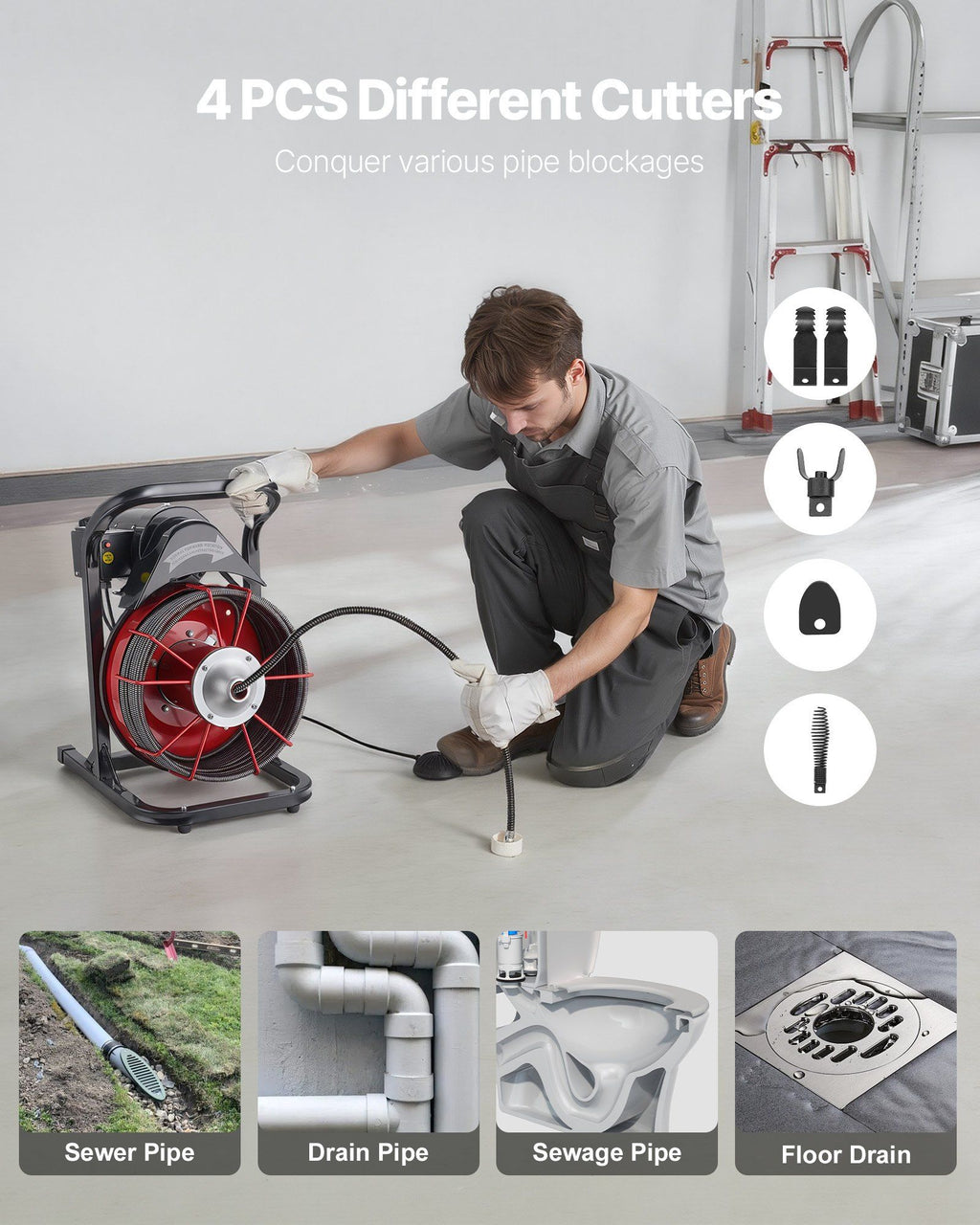 Drain Cleaner Machine 23m x 13mm, Sewer Snake Auger Manual Feed with 4 Cutters & Air-activated Foot Switch for 50mm to 150mm Pipes