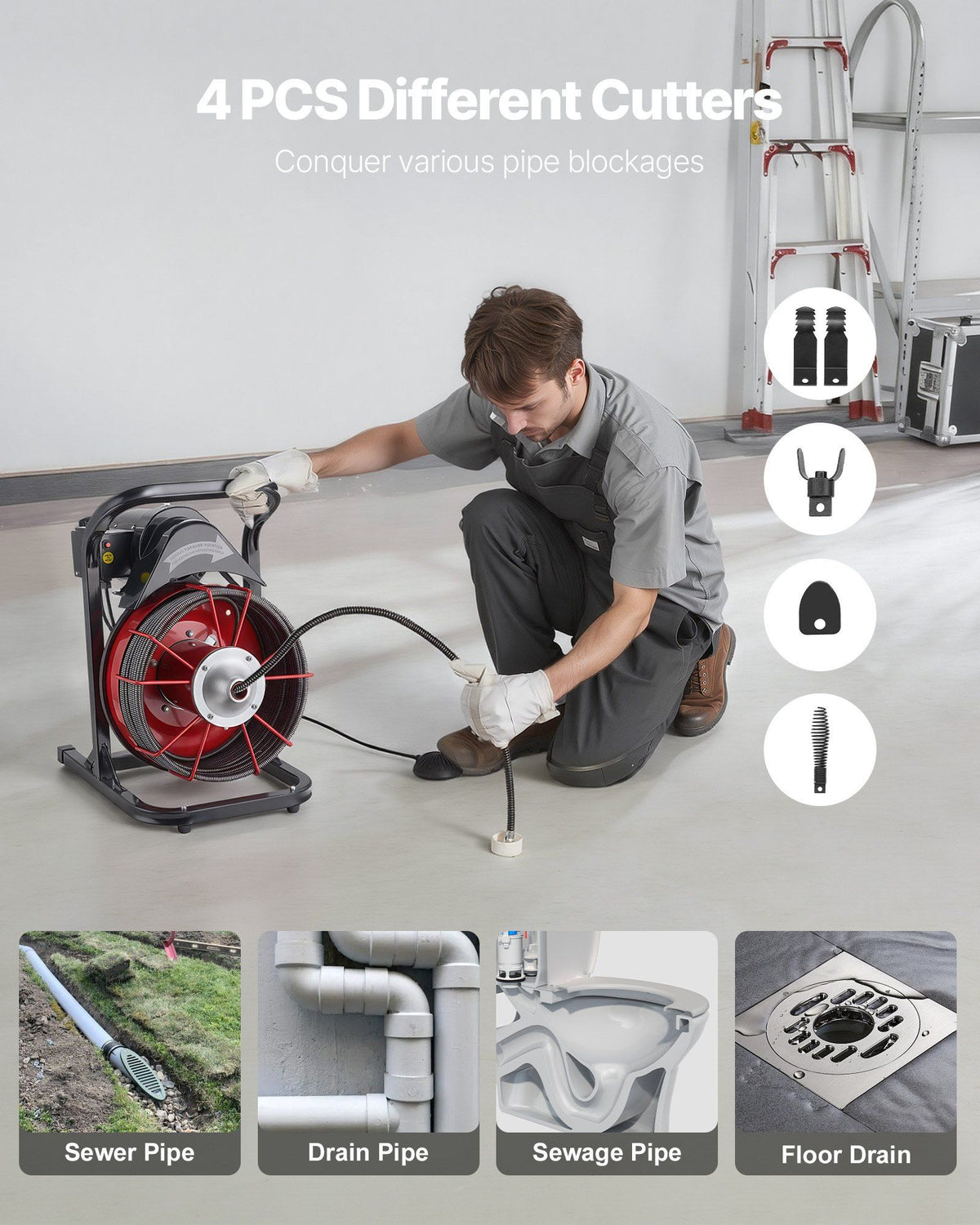 Drain Cleaner Machine 23m x 13mm, Sewer Snake Auger Manual Feed with 4 Cutters & Air-activated Foot Switch for 50mm to 150mm Pipes