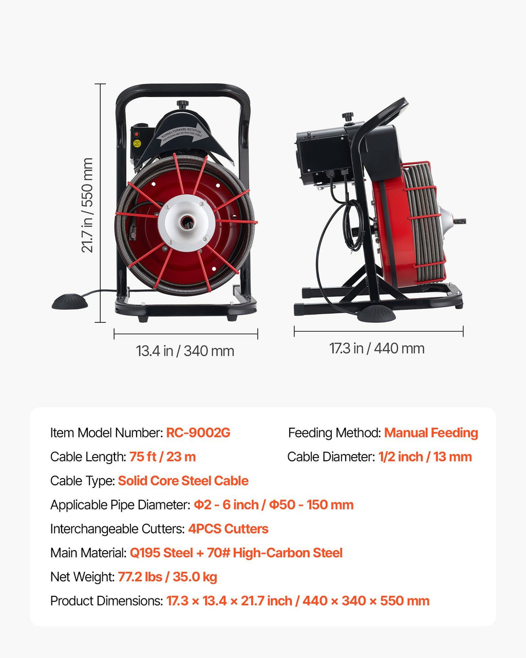 Drain Cleaner Machine 23m x 13mm, Sewer Snake Auger Manual Feed with 4 Cutters & Air-activated Foot Switch for 50mm to 150mm Pipes