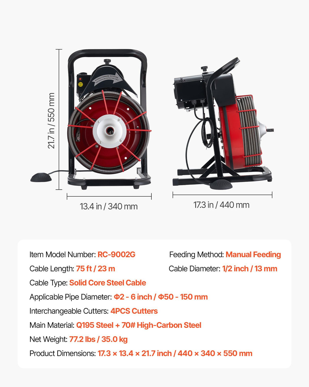 Drain Cleaner Machine 23m x 13mm, Sewer Snake Auger Manual Feed with 4 Cutters & Air-activated Foot Switch for 50mm to 150mm Pipes
