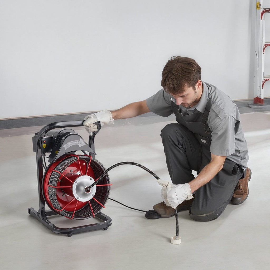 Drain Cleaner Machine 23m x 13mm, Sewer Snake Auger Manual Feed with 4 Cutters & Air-activated Foot Switch for 50mm to 150mm Pipes