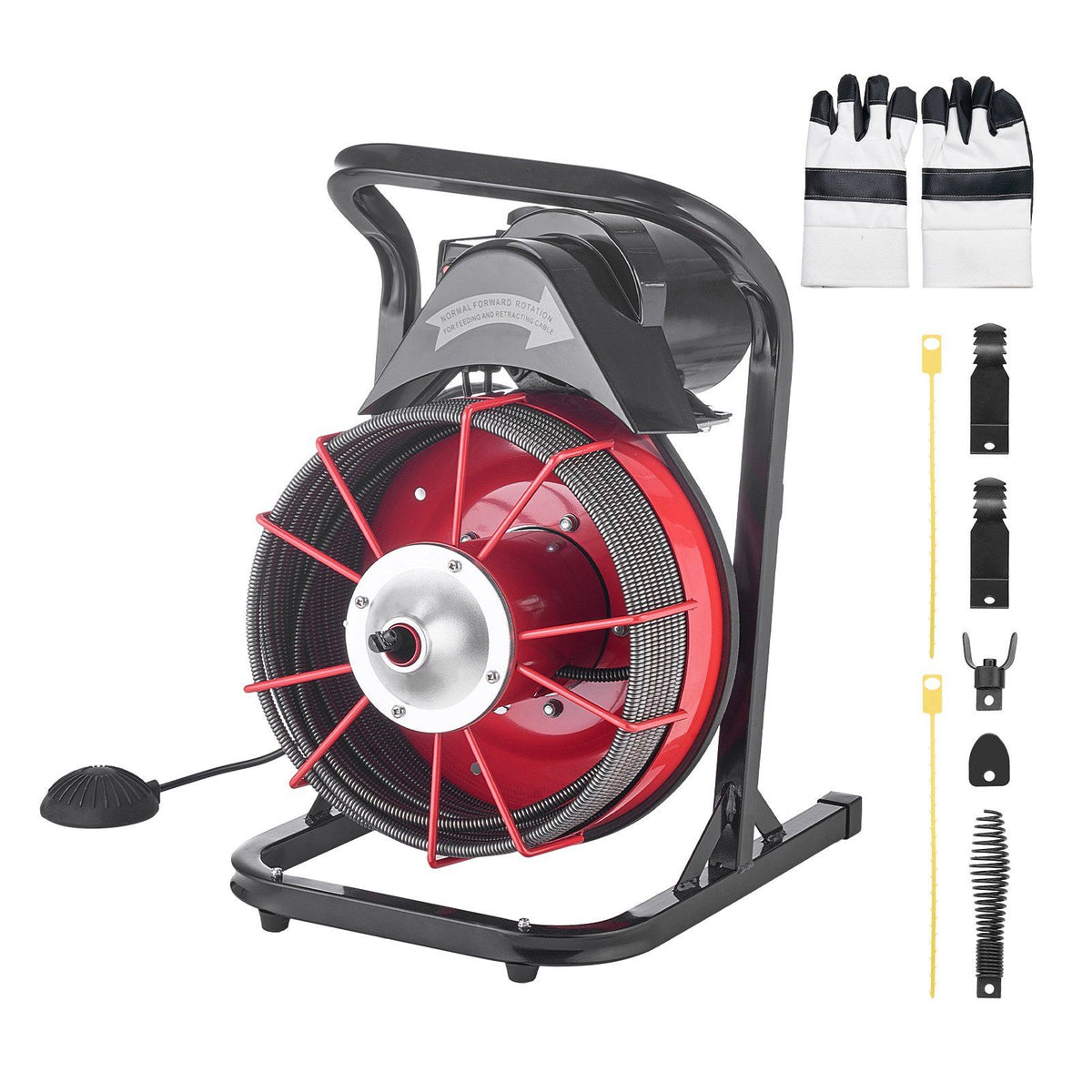 Drain Cleaner Machine 23m x 13mm, Sewer Snake Auger Manual Feed with 4 Cutters & Air-activated Foot Switch for 50mm to 150mm Pipes