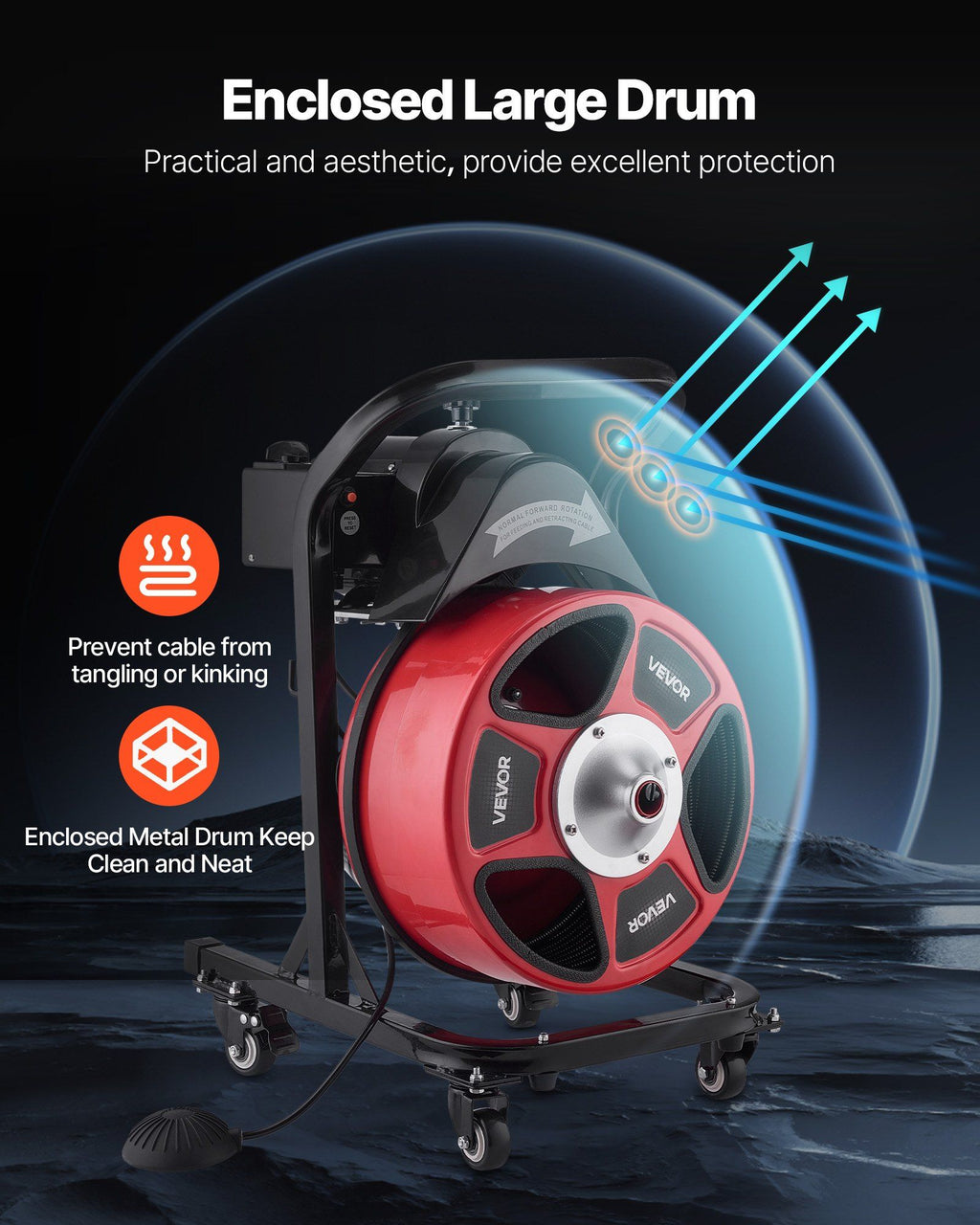 Drain Cleaner Machine 15m x 13mm, Manual Feed Sewer Snake Auger on Wheels - with 4 Cutters & Air-activated Foot Switch for 50mm to 150mm Pipes