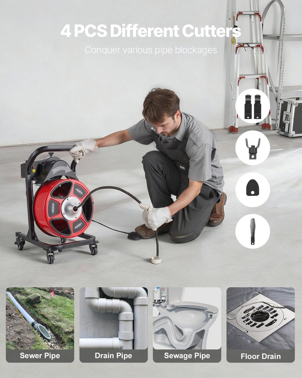 Drain Cleaner Machine 15m x 13mm, Manual Feed Sewer Snake Auger on Wheels - with 4 Cutters & Air-activated Foot Switch for 50mm to 150mm Pipes