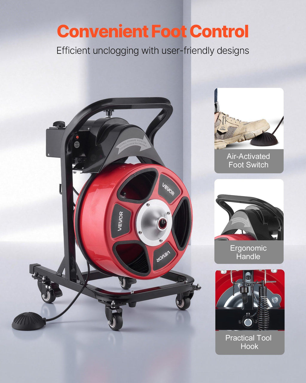 Drain Cleaner Machine 15m x 13mm, Manual Feed Sewer Snake Auger on Wheels - with 4 Cutters & Air-activated Foot Switch for 50mm to 150mm Pipes