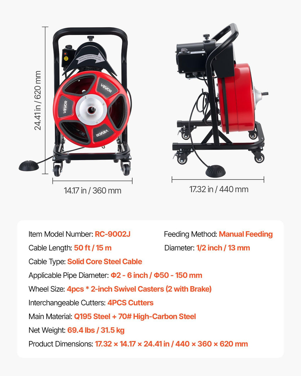 Drain Cleaner Machine 15m x 13mm, Manual Feed Sewer Snake Auger on Wheels - with 4 Cutters & Air-activated Foot Switch for 50mm to 150mm Pipes