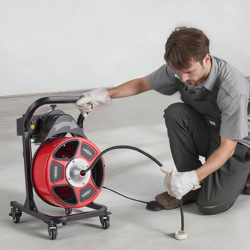 Drain Cleaner Machine 15m x 13mm, Manual Feed Sewer Snake Auger on Wheels - with 4 Cutters & Air-activated Foot Switch for 50mm to 150mm Pipes