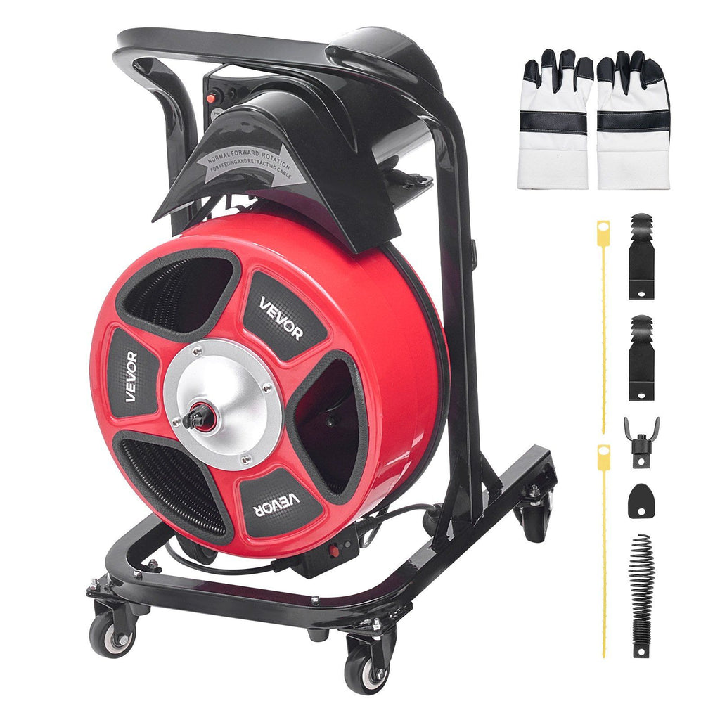 Drain Cleaner Machine 15m x 13mm, Manual Feed Sewer Snake Auger on Wheels - with 4 Cutters & Air-activated Foot Switch for 50mm to 150mm Pipes