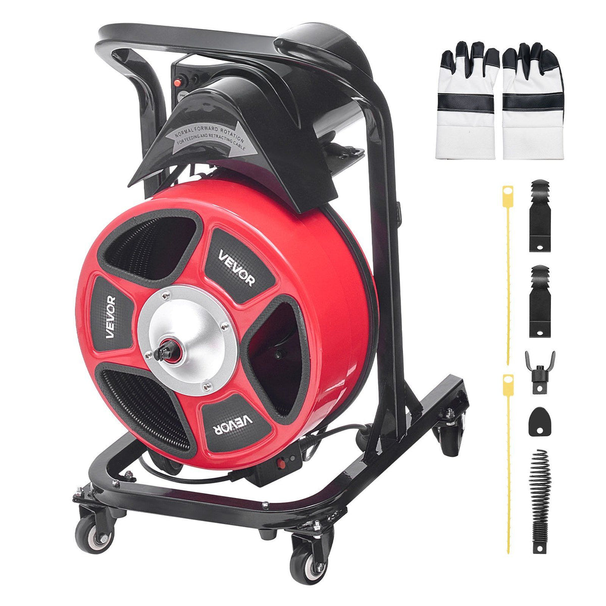 Drain Cleaner Machine 15m x 13mm, Manual Feed Sewer Snake Auger on Wheels - with 4 Cutters & Air-activated Foot Switch for 50mm to 150mm Pipes