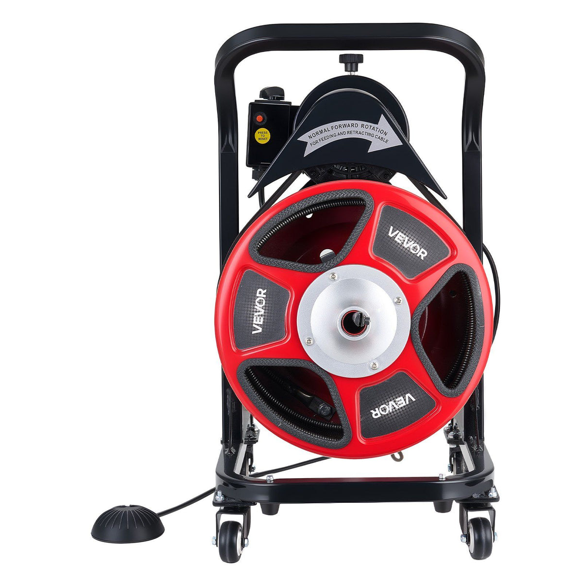Drain Cleaner Machine 15m x 13mm, Manual Feed Sewer Snake Auger on Wheels - with 4 Cutters & Air-activated Foot Switch for 50mm to 150mm Pipes