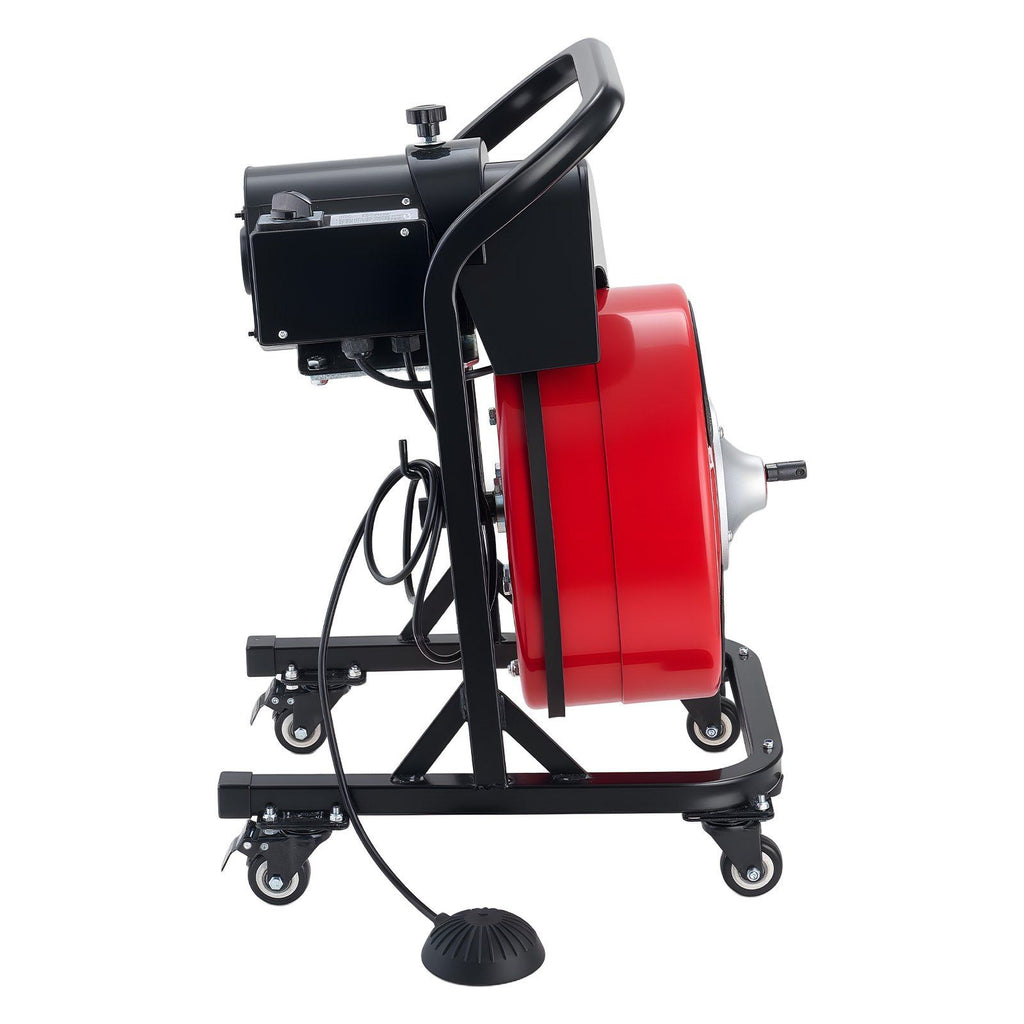 Drain Cleaner Machine 15m x 13mm, Manual Feed Sewer Snake Auger on Wheels - with 4 Cutters & Air-activated Foot Switch for 50mm to 150mm Pipes