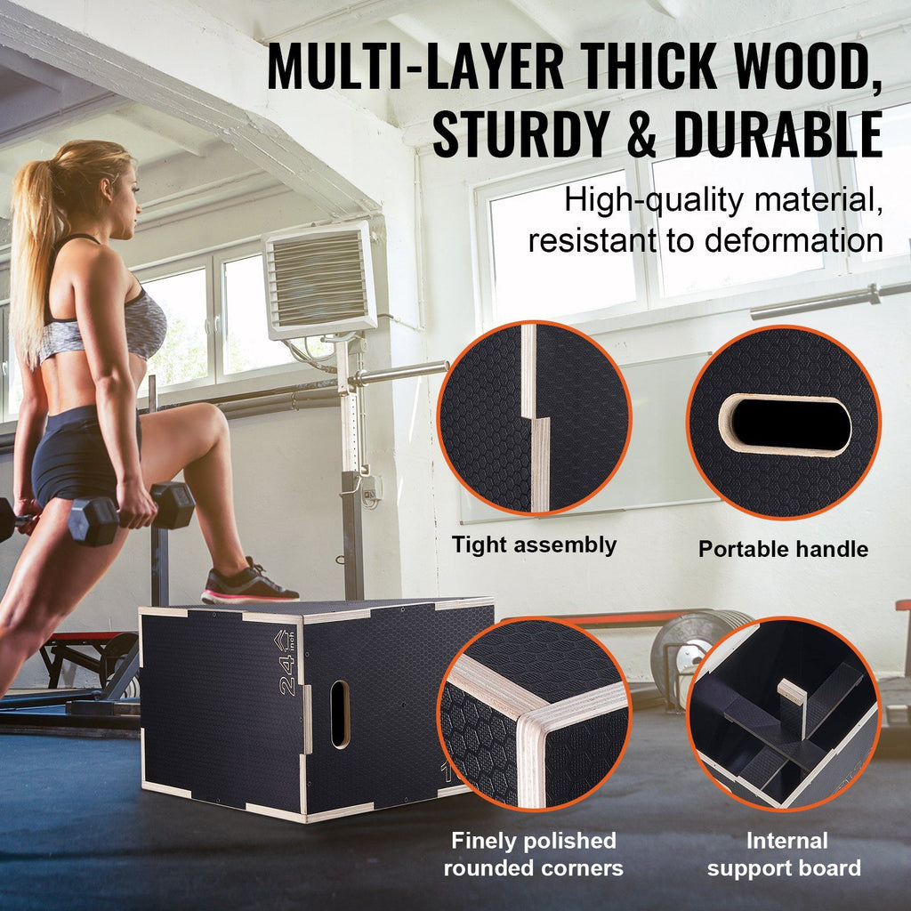 3 in 1 Plyometric Jump Box, 24/20/16 Inch Wooden Plyo Box, Platform & Jumping Agility Box, Anti-Slip Fitness Exercise Step Up Box for Home Gym Training, Conditioning Strength Training, Black