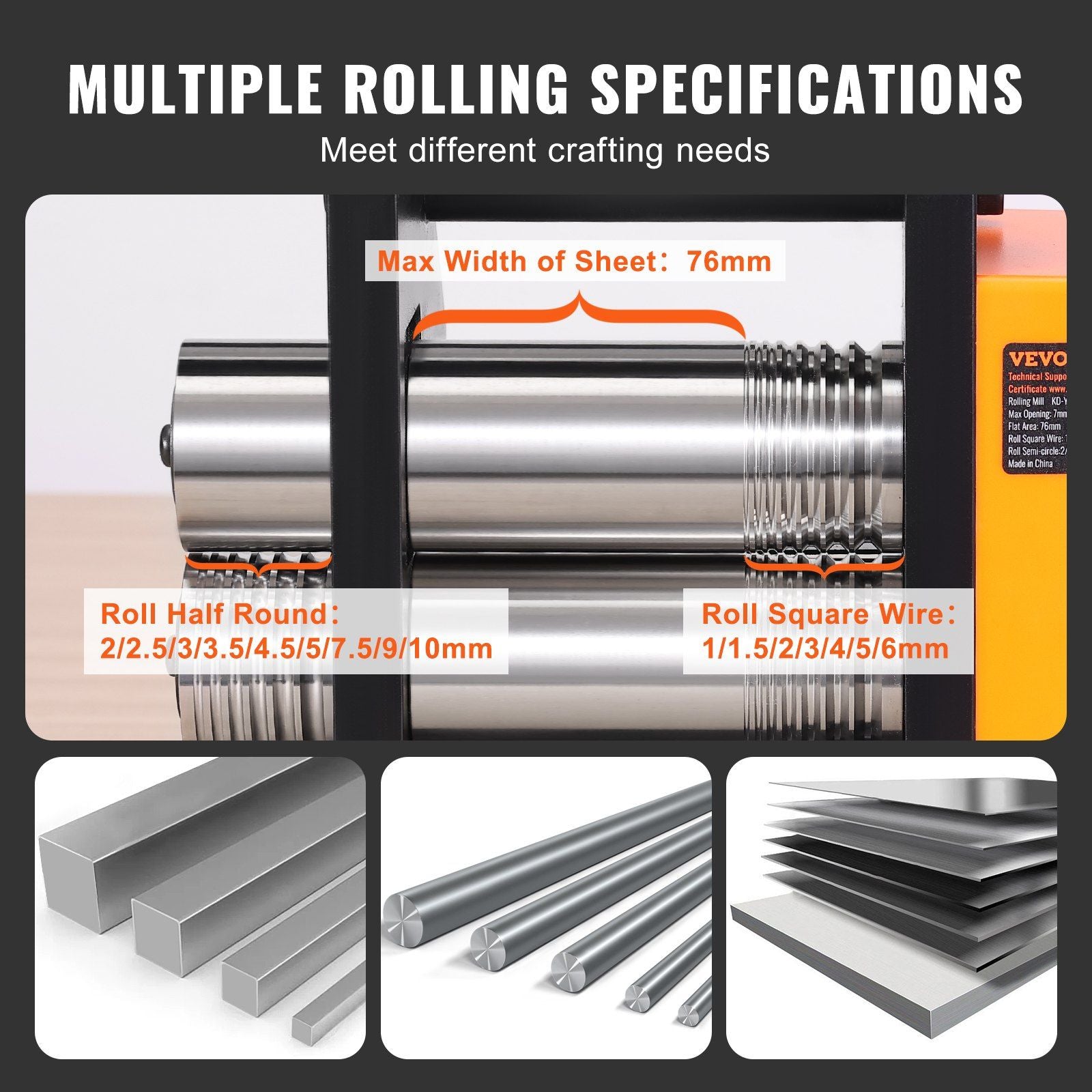 Rolling Mill, 3"/76 mm Jewelry Rolling Mill Machine, 1: 2 Gear Ratio, 3-in-1 Multi-function Rolling Mill, 0.1-7mm Press Thickness for Metal Jewelry Making Sheet Square Wire Semicircle Pattern