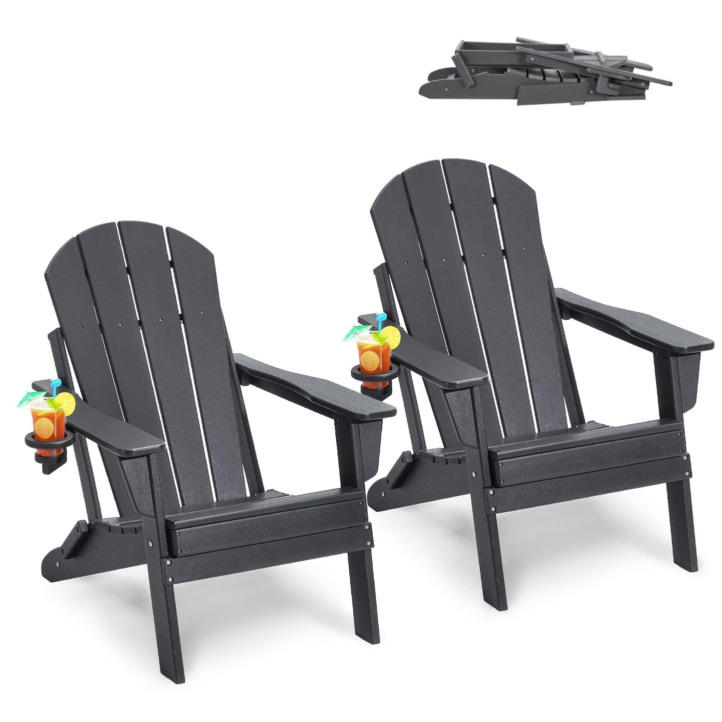 VEVOR Adirondack Chair Plastic, Set of 2 All-Weather Portable Folding Fire Pit Chair, Outdoor Adirondack Patio Chair with Cup Holder, with Relaxing Arm Rest Ergonomic, for Garden, Backyard - Gray