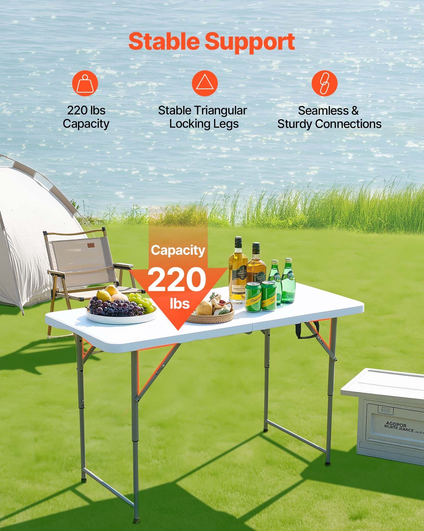 VEVOR Folding Table, 4 Ft Heavy Duty Portable Fold-in-Half Utility Table, Indoor Outdoor Plastic Rectangle Table with Adjustable Height and Built in Handle, for Party, Dining, Picnic, Camping, White