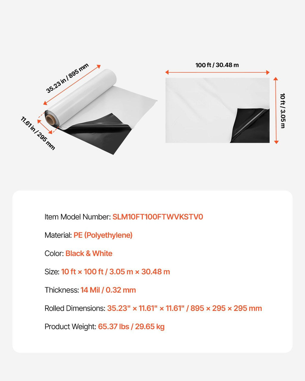 14 Mil Plastic Sheeting Heavy Duty 10' x 100', Thick Plastic Sheeting Roll, Plastic Drop Cloth Painters Tarp Covering for Crawl Space Vapor Barrier, Black and White Double-Sided, Multi-Purpose
