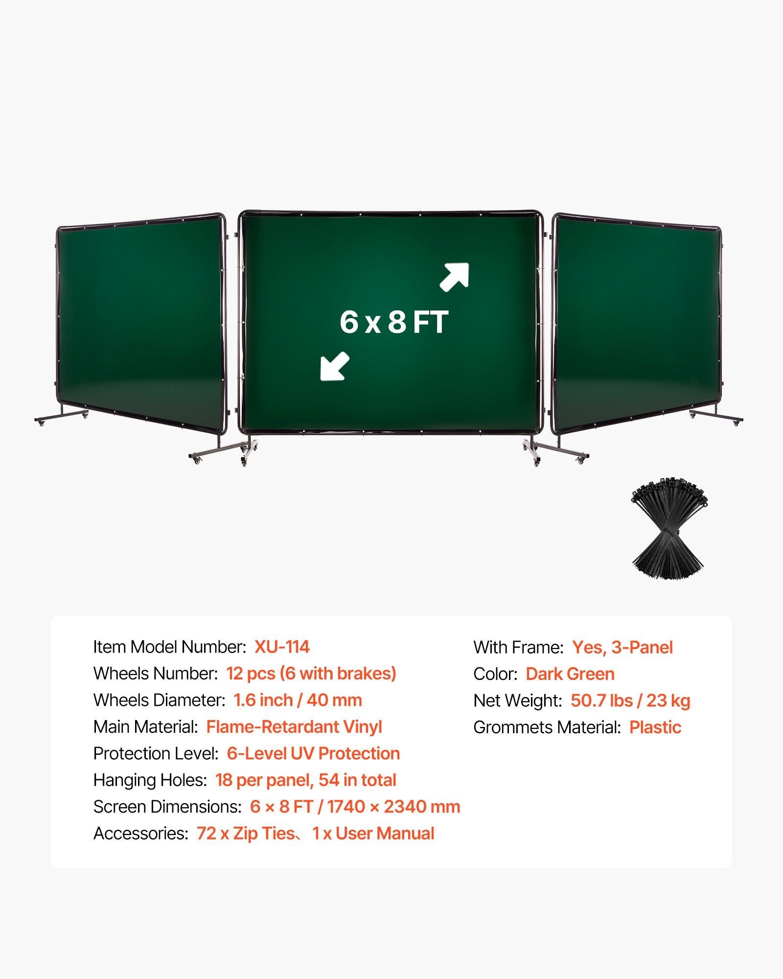 Welding Screen with Frame, 3-Panel 1.74 x 2.34m Welding Curtain Screen, Flame-Resistant Vinyl Protection Screens with 12 Wheels & 6-Level UV Protection for Workshop/Industrial Use, Dark Green