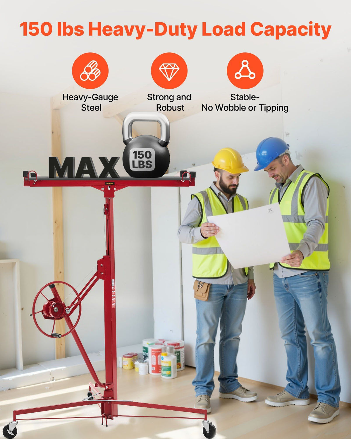 3353mm Drywall Lift, Heavy-Duty 68 kg Sheetrock Hoist with Adjustable Telescoping Arm, Lockable Wheels, Drywall Lifter Panel Jack Hoist Tools Ideal for Ceiling & Wall Installation (Red)