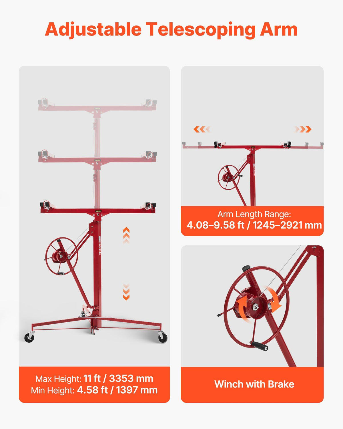 3353mm Drywall Lift, Heavy-Duty 68 kg Sheetrock Hoist with Adjustable Telescoping Arm, Lockable Wheels, Drywall Lifter Panel Jack Hoist Tools Ideal for Ceiling & Wall Installation (Red)