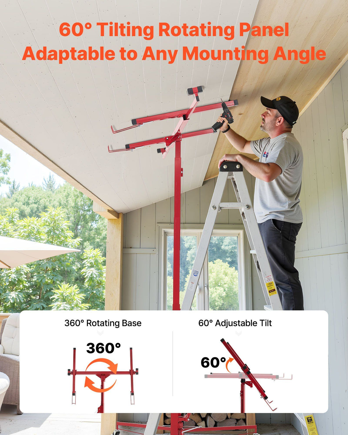 3353mm Drywall Lift, Heavy-Duty 68 kg Sheetrock Hoist with Adjustable Telescoping Arm, Lockable Wheels, Drywall Lifter Panel Jack Hoist Tools Ideal for Ceiling & Wall Installation (Red)