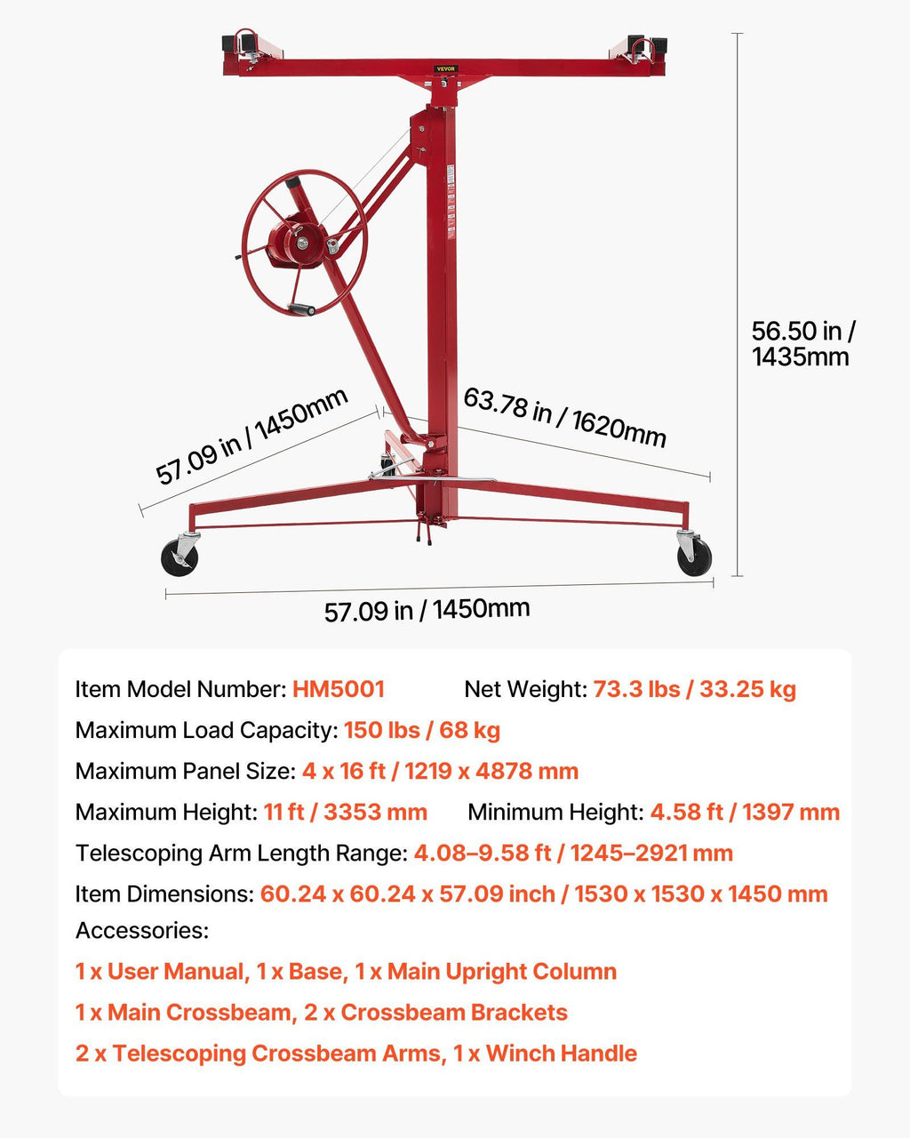 3353mm Drywall Lift, Heavy-Duty 68 kg Sheetrock Hoist with Adjustable Telescoping Arm, Lockable Wheels, Drywall Lifter Panel Jack Hoist Tools Ideal for Ceiling & Wall Installation (Red)