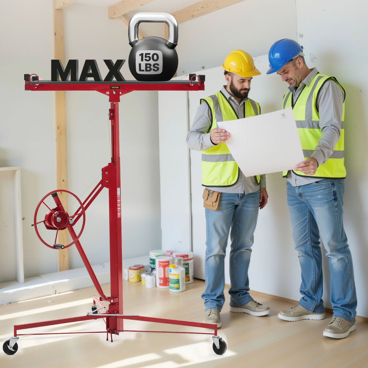3353mm Drywall Lift, Heavy-Duty 68 kg Sheetrock Hoist with Adjustable Telescoping Arm, Lockable Wheels, Drywall Lifter Panel Jack Hoist Tools Ideal for Ceiling & Wall Installation (Red)