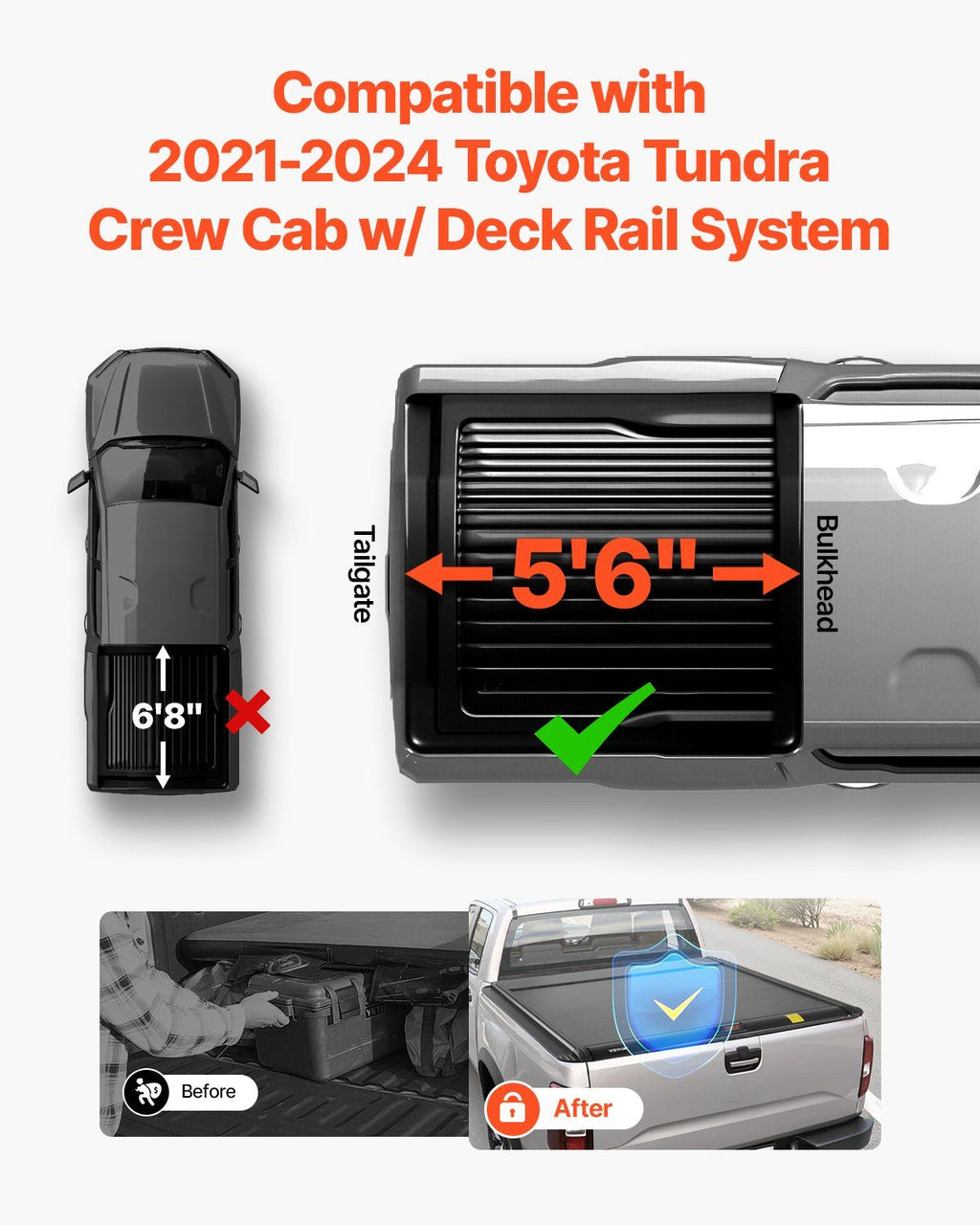 Retractable Tonneau Cover, 5.5 ft Retractable Tonneau Cover with Built-in Drainage Pipe for 2021-2024 Toyota Tundra Crew Cab w/ Deck Rail System , Hard Tonneau Cover with Double-Lock & T-Slot