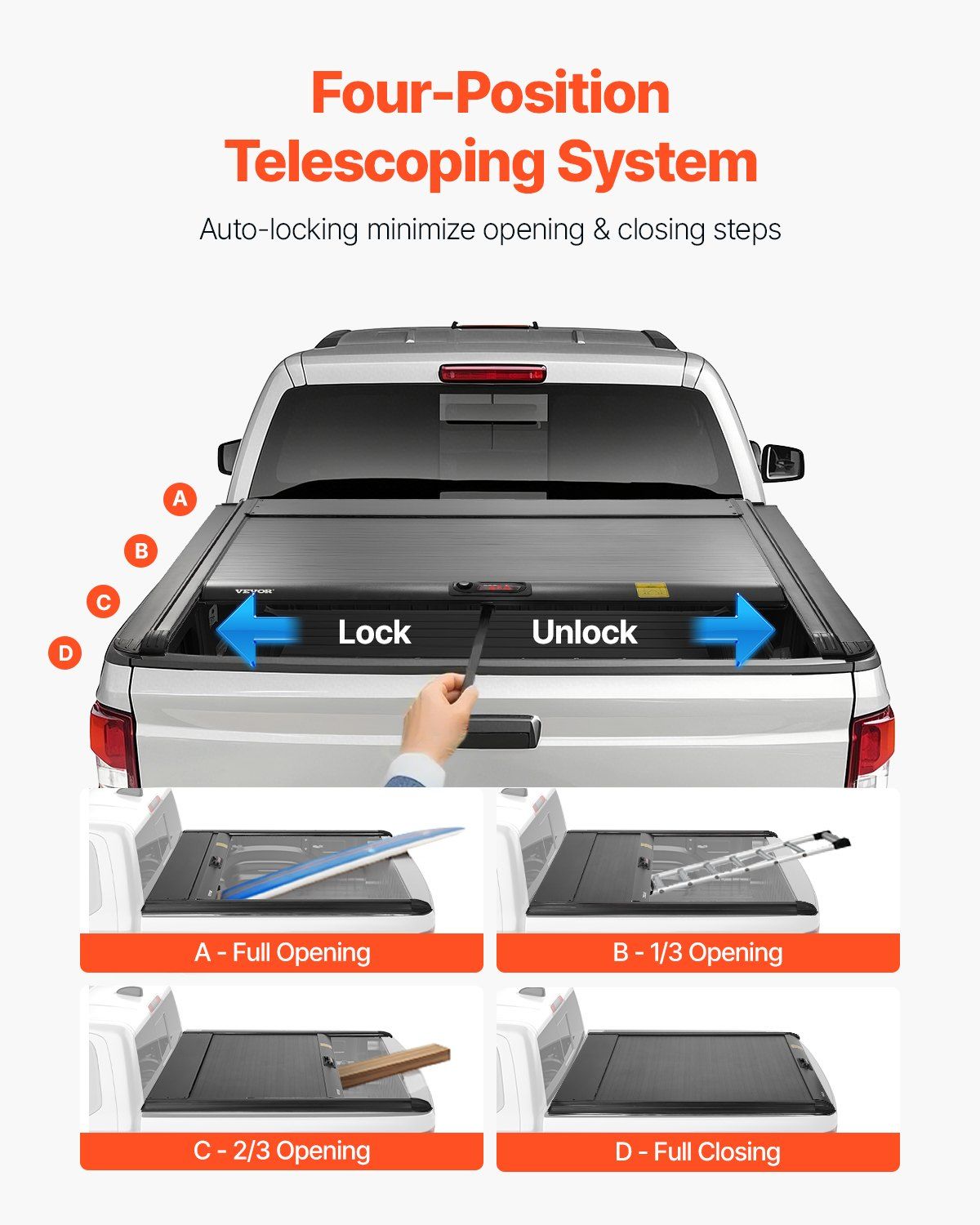 Retractable Tonneau Cover, 5.5 ft Retractable Tonneau Cover with Built-in Drainage Pipe for 2021-2024 Toyota Tundra Crew Cab w/ Deck Rail System , Hard Tonneau Cover with Double-Lock & T-Slot