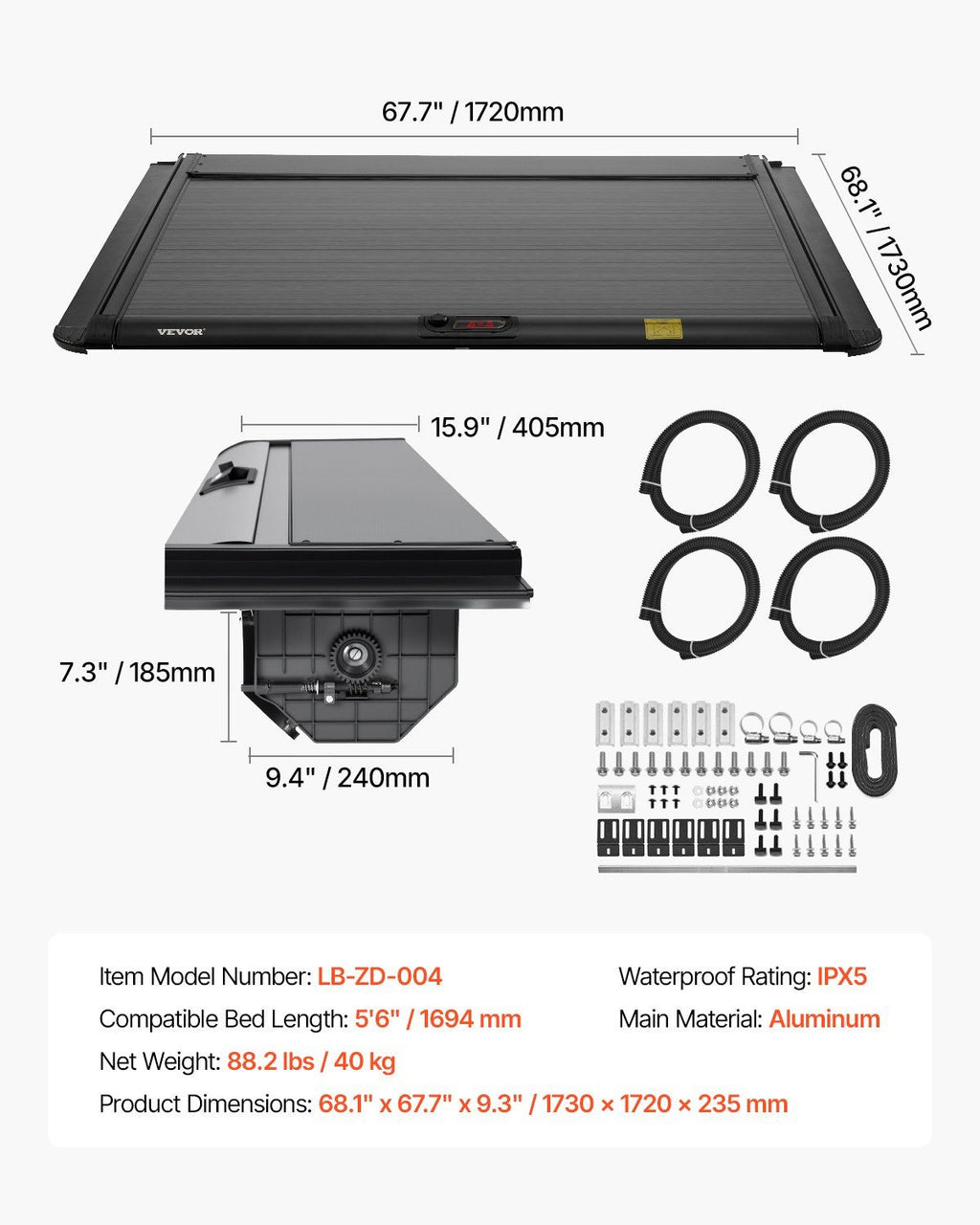 Retractable Tonneau Cover, 5.5 ft Retractable Tonneau Cover with Built-in Drainage Pipe for 2021-2024 Toyota Tundra Crew Cab w/ Deck Rail System , Hard Tonneau Cover with Double-Lock & T-Slot