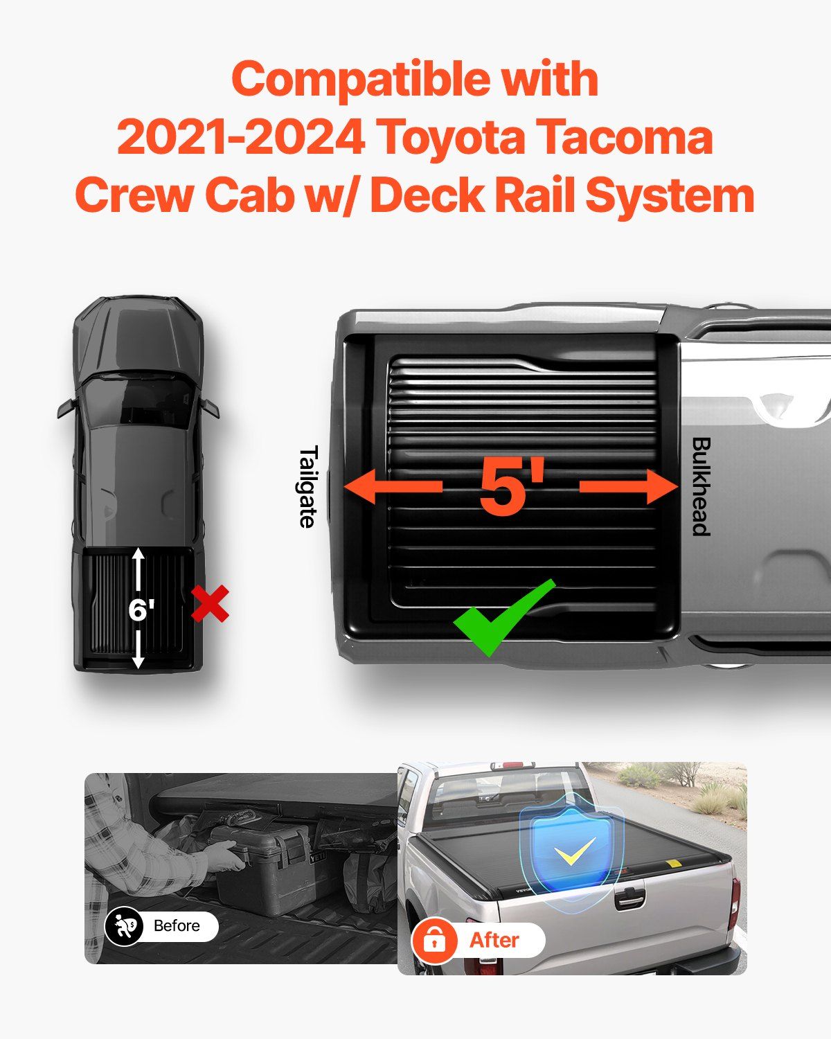 Retractable Tonneau Cover, 5.0 ft Retractable Tonneau Cover with Built-in Drainage Pipe for 2021-2024 Toyota Tacoma Crew Cab w/ Deck Rail System , Hard Tonneau Cover with Double-Lock & T-Slot