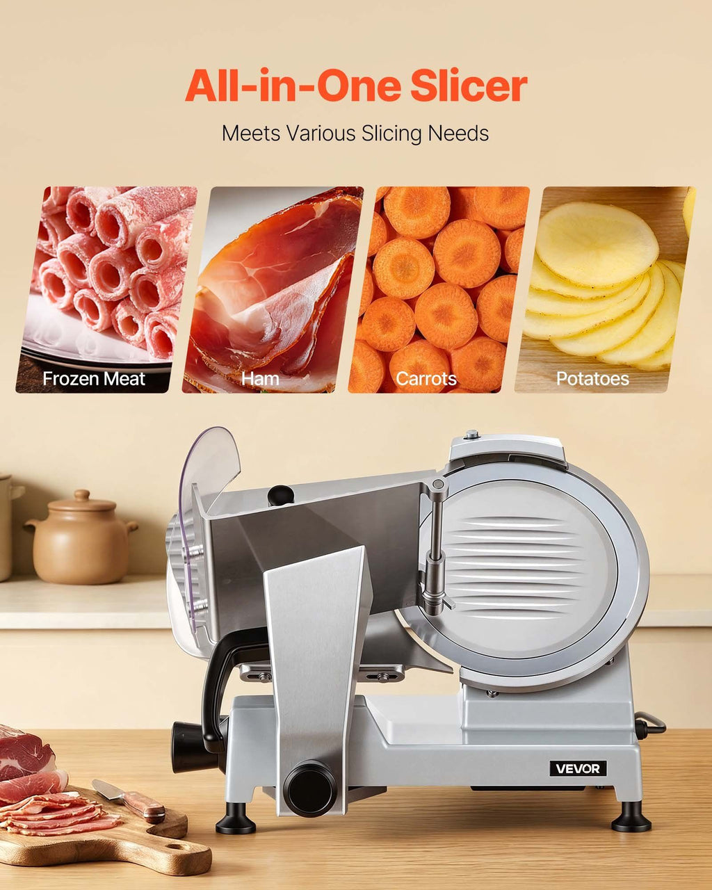 Commercial Meat Slicer, 240W Electric Deli Food Slicer with 250mm Carbon Steel Blade, Built-In Sharpener & 0-12mm Adjustable Thickness for Frozen Meat, Ham, Baguett, Steak