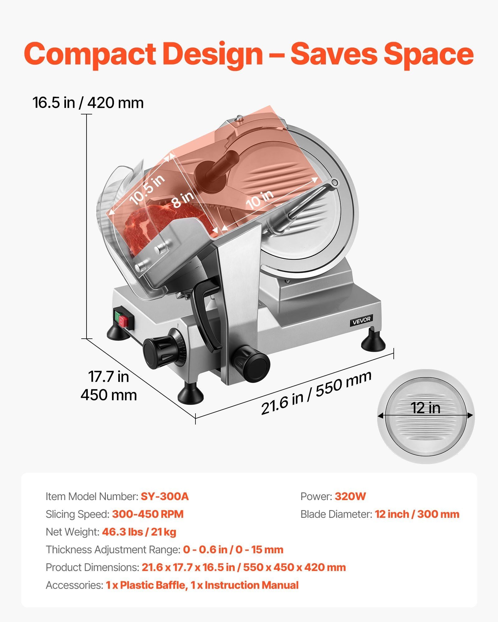 Commercial Meat Slicer, 320W Electric Deli Food Slicer with 300mm Carbon Steel Blade, Built-In Sharpener & 0-15mm Adjustable Thickness for Frozen Meat, Ham, Baguett, Steak