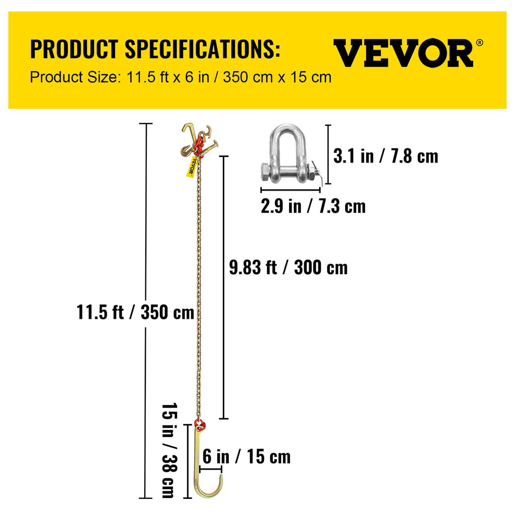 J Hook Chain, 2PCS 8 mm x 300 cm G80 Long Shank J Hook Tow Chain with RTJ Cluster Hook & Grab Hook, 2448 kg Working Load, Heavy Duty Transport Truck Chain for Wrecker Recovery Trailer Towing